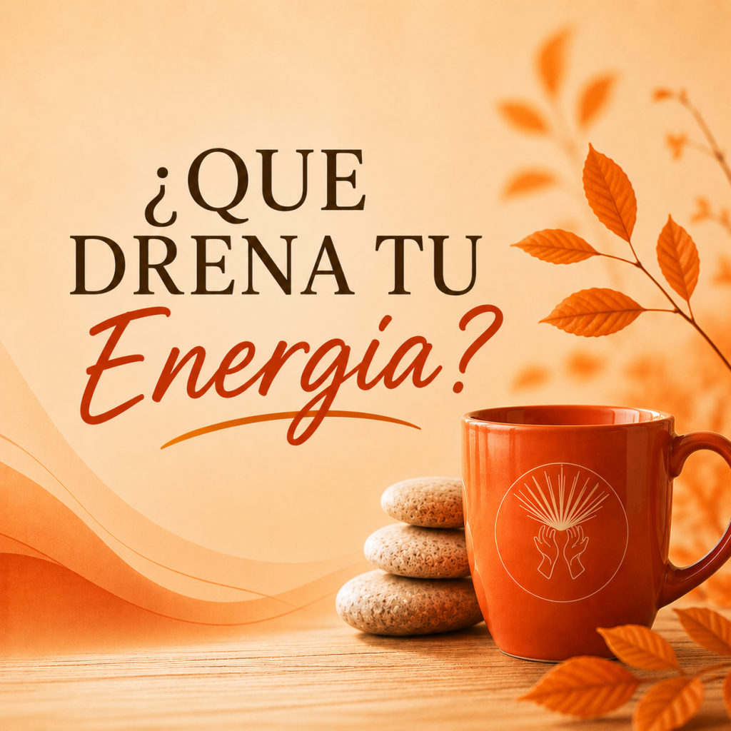 Ilustración conceptual sobre qué drena tu energía, representada por una taza junto a piedras en equilibrio y hojas otoñales, símbolo de reflexión, calma y bienestar emocional.